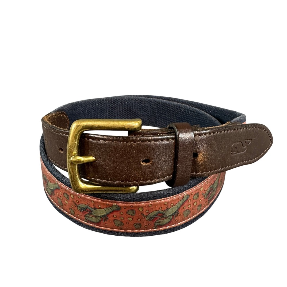 Vineyard Vines Mens Size 40 Navy Canvas Brown Leather Belt Solid Brass Buckle